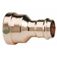 This copper press-fit tube fitting reduces from 3 in CTS to 2 in CTS, with press-fit connections on both ends. It is used in plumbing systems to join copper tubing, providing a secure transition in water supply lines