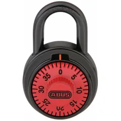 Steel body and shackle combination padlock with a red dial. Suitable for securing lockers, toolboxes, cabinets, and gates in industrial and commercial environments. Keyless access via combination mechanism.