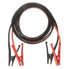 Clamp jumper cable with 4 AWG wire gauge, 25 ft length, spring clamp grip jaws, and crimped cable connection. Black/orange jacket. Used for jump-starting vehicles or transferring power between batteries.