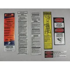 Replacement label kit for Louisville Ladder models FS1512, 1CMP7, 1CMP8, 1CMP9, 1CMR1, 1CMR2, 1CMV5, 33J664, 33J704, and 36Y479. Used to replace worn or missing safety and identification labels on ladders, ensuring compliance and readability.