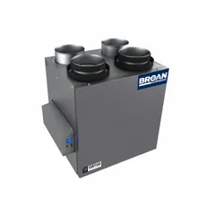 This residential energy-recovery ventilator exchanges stale indoor air with fresh outdoor air while recovering heat and moisture. It delivers 133 cfm at 0.400 in SP with 80% maximum efficiency, features variable speed operation, and uses a recirculation defrost type. The unit operates on 120V AC with a plug-in electrical connection.