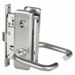 Chrome-finished office lever lockset with satin chromium-plated stainless steel. ADA compliant with interchangeable core for quick rekeying. Suitable for commercial office doors requiring lever operation and flexible access control.