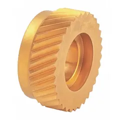Left hand diagonal knurling wheel made from high speed steel with titanium nitride (TiN) coating. Outside diameter of 1/2 in with counterbored hole. Used on lathes and turning centers to create patterned surfaces on metal workpieces for improved grip or appearance.