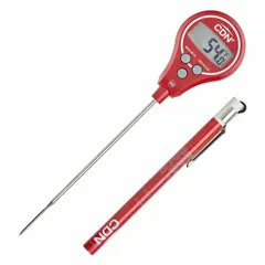 Digital lollipop thermometer with LCD display and 304 stainless steel stem, 7 in overall length. Accuracy ±1.3 °F or ±0.72 °C. Plastic case. NSF Certified. Used for food temperature checks in commercial kitchens and food service.