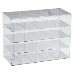 Clear acrylic case with 20 compartments for storing and organizing up to 20 pairs of eyewear. Measures 15-1/2 inches wide by 11-3/4 inches high. Suitable for use in industrial facilities, laboratories, and workshops to keep safety glasses accessible and protected.