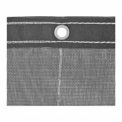Standard-duty mesh tarp measuring 18 ft long by 7 ft wide. Constructed from 10 mil polyester with a PVC coating, weighing 12 oz per square yard, in black. Suitable for covering equipment, materials, or loads in industrial and construction settings to provide protection against weather and debris.
