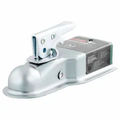 This CURT straight-tongue coupler is a Type I towing component constructed from steel with a zinc-plated finish. It has a gross towing weight capacity of 2,000 lb and is designed for light-duty towing applications such as trailers, boats, or equipment. The coupler offers tear-resistant properties for secure attachment.