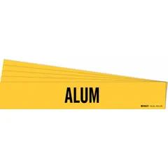 Yellow adhesive pipe marker with black 'Alum' legend for identifying pipes carrying alum. Fits pipe outer diameters of 8 inches and larger. Supplied as a 5-pack with one marker per pack; no directional arrows. Suitable for use in industrial facilities such as water treatment and chemical processing plants.