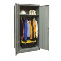 Commercial wardrobe cabinet with a dark gray frame, measuring 36 x 24 x 78 inches. Includes one adjustable shelf and a swing handle with keyed lock for secure storage. Suitable for organizing tools, equipment, or personal items in industrial facilities, warehouses, and offices
