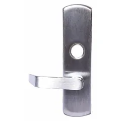 This chrome lever trim is designed for use with exit push bars on doors up to 48 inches wide. It features a lever outside trim and is ADA compliant for accessible egress in commercial buildings.