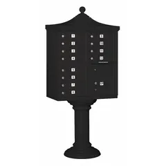 Horizontal multi-unit mailbox with 13 lockable front-access doors. Measures 71 3/4 in H x 31 in W x 18 1/2 in D. Designed for pedestal mounting in centralized mail delivery applications for multi-tenant buildings.