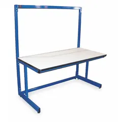 This PRO-LINE open-base workstation features a blue laminate top measuring 72 by 30 inches with an overall load capacity of 750 lb. The open-base design provides ergonomic leg clearance and facilitates integration with material handling systems. Suitable for industrial assembly, inspection, and packaging stations.