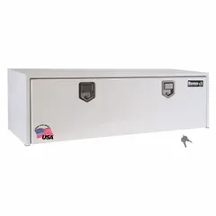 This single drop-down door box is constructed from white steel and features a keyed lock for secure storage. It is designed for underbody mounting on service trucks to store tools and equipment.