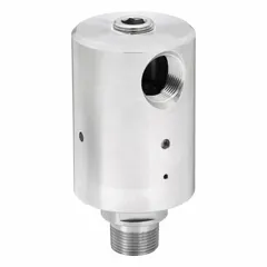 This DUFF-NORTON rotary union is a straight, plain stainless steel rotating joint with a single passage. It features a 1" threaded rotating shaft and carbon graphite seal material, with a maximum speed of 1000 rpm. Used for transferring media such as coolant, air, or hydraulic fluid into rotating equipment in industrial machinery.