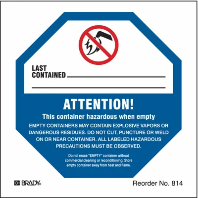 BRADY Handling Label: Attention! This Container Haz when Empty…, 4 in x 4 in - Waste