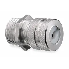 Straight metallic cable grip with 1/2 in MNPT box connection, accepting cord diameters from 0.50 in to 0.63 in. Aluminum body with brown color-coded grommet. Rated IP66 and Class III, Division 1 & 2 for hazardous locations. Overall length 1 5/8 in.