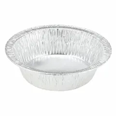 Round aluminum weighing boat with 200 mL capacity, gray color, and an integrated finger tab for handling. Used for weighing and transferring solid samples in laboratory settings.