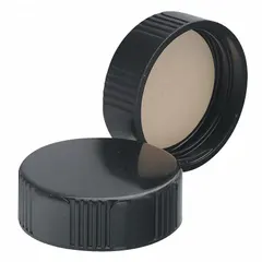 This screw cap features a black phenolic construction with a rubber liner, designed for sealing containers with a 33-400 mm closure size. It is autoclavable, making it suitable for applications requiring sterilization or high-temperature exposure. Commonly used in laboratory and industrial settings for secure closure of bottles and jars.