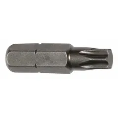Torx® insert bit with T25 size and standard hex shank. Made from S2 steel. Sold in a 5-pack. Used for driving Torx fasteners in assembly and repair applications.