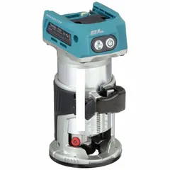 This MAKITA cordless compact router is a bare tool with a fixed base and palm grip design. It operates at 30,000 RPM and accepts 1/4-inch collets. Suitable for trimming, chamfering, and flush-cutting wood, plastic, and composite materials in cabinetmaking and finish carpentry.