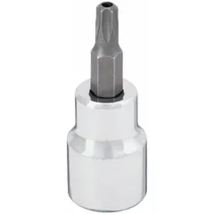 This WESTWARD Security Torx bit socket features a T27 tip size and an overall length of 1 3/4 inches. It is designed for use with tamper-resistant Torx fasteners that have a center pin, commonly found in applications requiring restricted access.