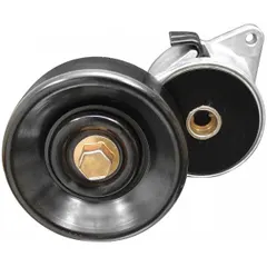 DAYCO self-adjusting belt tensioner with one pulley, 3 1/2 in outside diameter. Automatically maintains proper tension on serpentine or accessory drive belts, compensating for belt stretch and wear. Used in vehicle engine accessory drive systems.