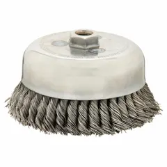 This wide-face heavy-cleaning brush from WEILER is designed for cleaning contoured carbon steel surfaces. It features a 6 in diameter, 0.023 in fill diameter, and standard twist knot wire bristles for aggressive cleaning action. The brush has a 5/8"-11 arbor hole for mounting. Typical applications include removing rust, scale, and weld splatter from carbon steel surfaces.