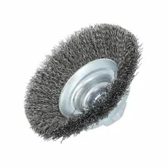 This light-cleaning brush is designed for surface preparation and cleaning on carbon steel. It features a crimped steel fill that removes rust, scale, and light burrs without heavy cutting. The brush has a 3 3/8 in diameter, a 5/8"-11 arbor, and a 0.014" fill. Suitable for maintenance and finishing tasks in metal fabrication and repair shops.