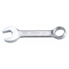 This SAE 12-point combination wrench is made from alloy steel with a satin finish. It features a 3/4 in head size and an offset design for accessing recessed fasteners. Overall length is 5 3/8 in. Suitable for tightening or loosening fasteners in automotive, machinery, and general assembly tasks.