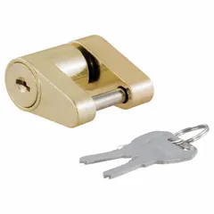 Brass coupler lock in yellow finish, supplied with two keys. Designed to secure trailer couplers against theft or accidental detachment. Suitable for towing applications where a corrosion-resistant locking solution is required.