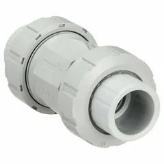 This CPVC ball check valve features an inline valve body with a CPVC ball. It is designed for socket x socket connections and operates within a temperature range of 32°F to 210°F. Suitable for use in CPVC piping systems to prevent backflow in fluid handling applications.