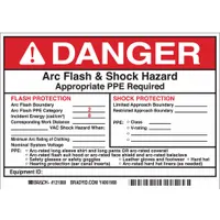 Adhesive vinyl sign, 5 in x 7 in, 5-pack. Not retroreflective or glow-in-the-dark. Used to post arc flash and shock hazard warnings on electrical enclosures and equipment, indicating required PPE and hazard risk category