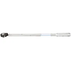 This ratcheting micrometer torque wrench with a 1/2 in drive size provides a torque range of 50 ft-lb to 250 ft-lb. It is used for precise tightening of fasteners in industrial assembly, automotive repair, and heavy equipment maintenance. The wrench is tether capable for work-at-height applications.