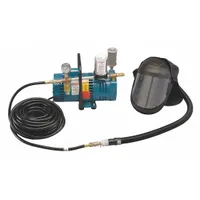 The Allegro 9903 Supplied Air Pump Package (MPN 9245-01) is a complete SAR system with a 3/4 hp pump, full hood headgear, and a 50 ft hose with full hood shield. It delivers continuous filtered air for respiratory protection in industrial environments such as painting, chemical handling, or confined-space work