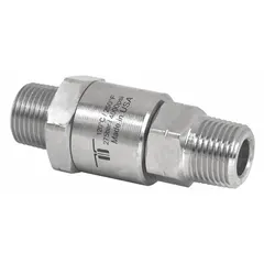 Nickel-plated C38500 brass rotating joint for air service with a single passage and 1/2 in stationary port. Supports maximum speed of 30 RPM. Used in low-speed rotary applications such as indexing tables, reels, or packaging equipment where a compact, straight union configuration is required.