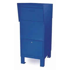 This horizontal lockable mailbox is designed for package delivery in private or commercial settings where USPS Master Lock compliance is not required. It features a single front-opening door and a blue steel body measuring 49 inches high by 20 inches wide by 26 inches deep, securing parcels from theft and weather.