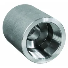 This threaded high-pressure pipe fitting features female NPT connections on both ends, sized 1 1/4 in x 1 in. It is used to join two female NPT threaded pipes in a straight line. Typical applications include industrial fluid, gas, and pneumatic systems.