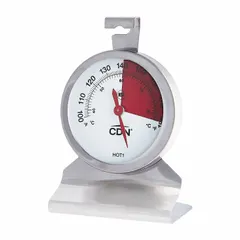 Analog dial thermometer for monitoring hot-held food temperatures. Features a 2 in dial, 1 3/4 in stem, stainless steel case, glass lens, and ±0.3 °F accuracy. NSF certified and metal detectable for food service environments.