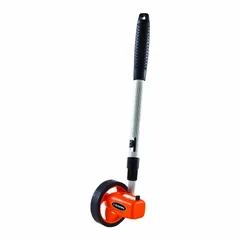 Mechanical measuring wheel with a 9,999 ft range, featuring a spoked single wheel with rubber tread and an adjustable handle. Constructed with an aluminum frame and plastic components, it uses a twist-and-lock mechanism and measures in SAE 10ths. Suitable for indoor and outdoor distance measurement on rough or smooth surfaces.