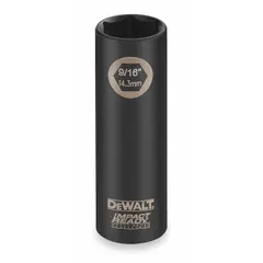 This 1/2" drive impact socket features a 9/16 in SAE size with a 6-point deep design and black oxide finish. It is used with impact wrenches for fastening tasks requiring high torque and secure grip on fasteners.
