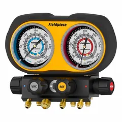 The FIELDPIECE GS434F is a Series GS analog manifold gauge set with 3-inch gauges and four ball-valve hose connections. It includes a sight glass for monitoring refrigerant flow and is compatible with R-134A, R-404A, R-407C, and R-448A. This set is used by HVAC technicians for pressure measurement and system charging on commercial refrigeration and air conditioning equipment. No hoses or gauge boots are included; an operator's manual is provided.