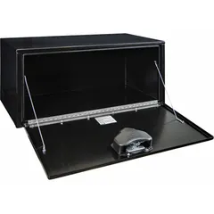 Single drop-down door box in gloss black finish. Features a keyed lock for security. Designed for underbody mounting on trucks to provide weather-resistant storage for tools and equipment.