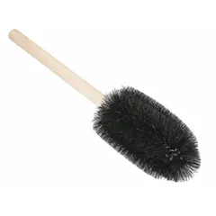 This lab brush features a 6-inch black natural hair bristle head and a 16-inch overall length. It is designed for cleaning beakers, jars, and cylinders, effectively removing residues without scratching glass surfaces. Suitable for general laboratory glassware cleaning.