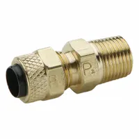 Brass compression fitting with creep-resistant, self-aligning design for secure connections in fluid systems. Connects 1/4 in OD tubing to 3/8 in pipe thread. Suitable for pneumatic, hydraulic, and instrumentation lines requiring leak-resistant sealing under pressure