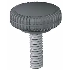 Knurled knob with threaded stud, 1 in diameter, plastic body with steel thread, 5/16"-18 thread size, 0.875 in thread length. Used for manual adjustment and clamping in machinery, jigs, and fixtures.