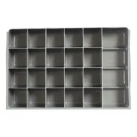 Gray insert for small compartmented boxes with 21 fixed compartments, each 2-23/32 in high by 9-3/64 in wide. No removable dividers. Compatible with DURHAM MFG model 226-95. Used for organizing small parts in industrial cabinets or compartmented boxes