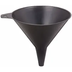 This spout funnel is made of black polyethylene with a 64 fl oz fluid capacity. It has a 7 in overall diameter and 7 in overall height, and includes a hanging tab for storage. Suitable for transferring fluids in vehicle maintenance and industrial applications.