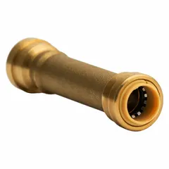 This brass push-to-connect tube fitting connects 1/2 in OD tubing to 1/2 in OD tubing without tools. Suitable for pneumatic, water, and low-pressure fluid systems where quick, leak-free joints are required.