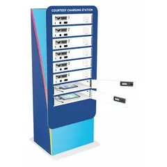 This charging locker provides secure storage and simultaneous charging for mobile devices. Each bay is equipped with one Lightning and one USB-C connector, accommodating different device types. Suitable for schools, offices, and public facilities where organized device management is required. Features custom graphics.