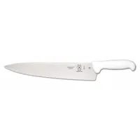 This 12-inch chef's knife features a stamped steel blade with a hollow-ground, sharp edge for reduced drag during cutting. The white polypropylene handle provides a secure grip. NSF certified for commercial use, it is suited for chopping, slicing, and dicing in professional and home kitchens
